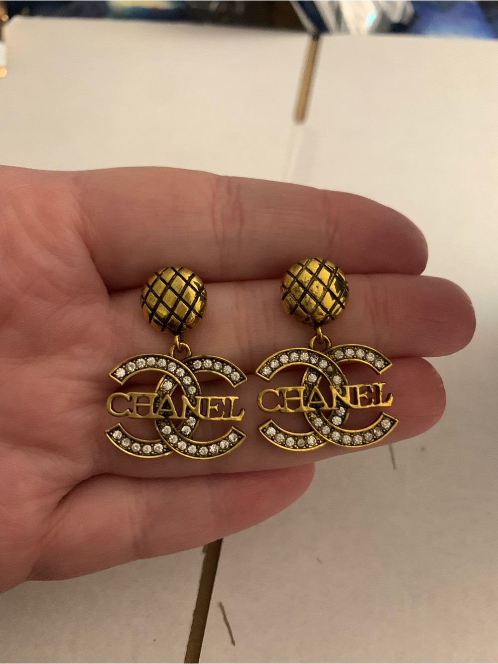 New Gold Crystal CC Drop Earrings
